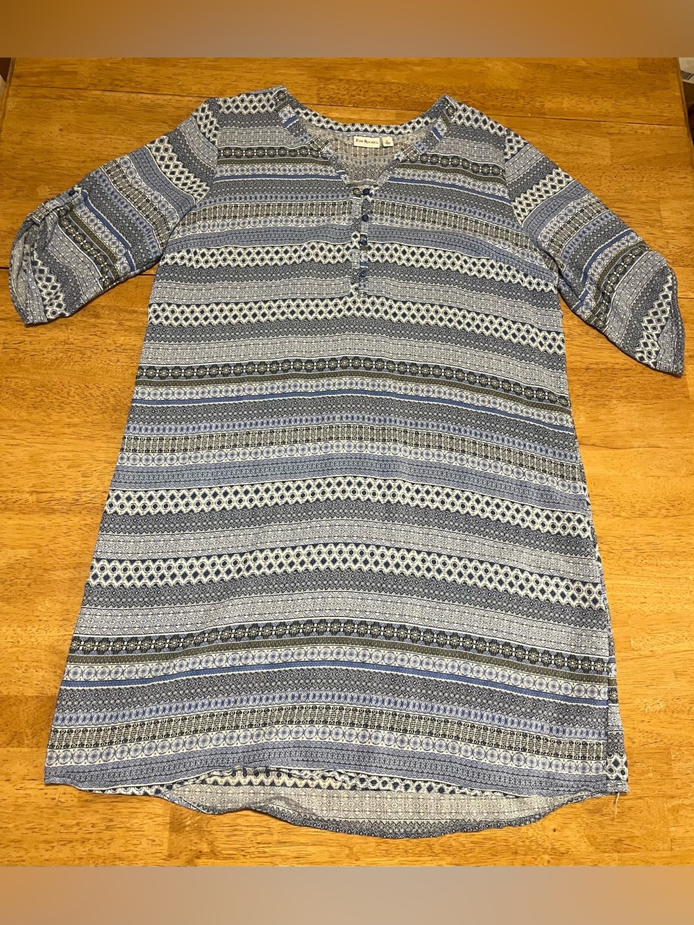 Kim Rogers Blue Geometric Pattern Split Neck Tunic/Shift Dress - Size L